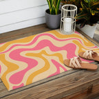 Retro Liquid Swirl Abstract Pattern Pink and Mustard Outdoor Rug Gallery Image 2