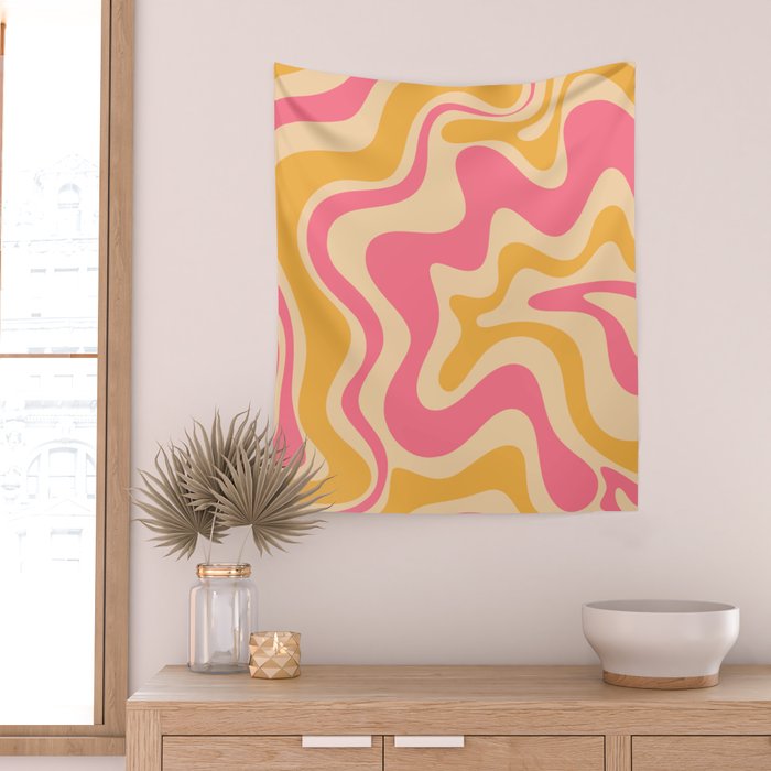 Retro Liquid Swirl Abstract Pattern Pink and Mustard Wall Tapestry Gallery Image 2