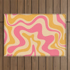 Retro Liquid Swirl Abstract Pattern Pink and Mustard Outdoor Rug Gallery Image 1