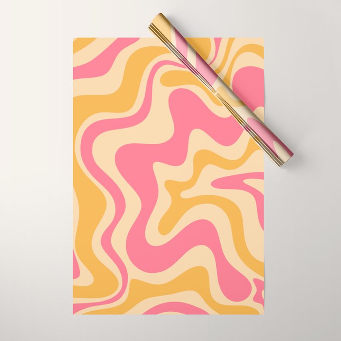 Retro Liquid Swirl Abstract Pattern Pink and Mustard Wrapping Paper Gallery Image 1