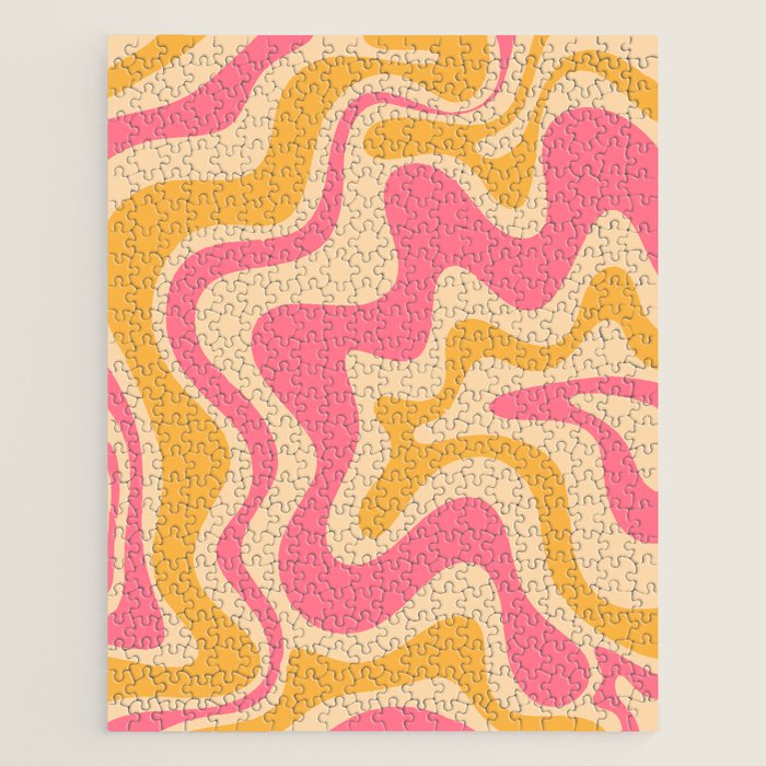 Retro Liquid Swirl Abstract Pattern Pink and Mustard Jigsaw Puzzle Gallery Image 1