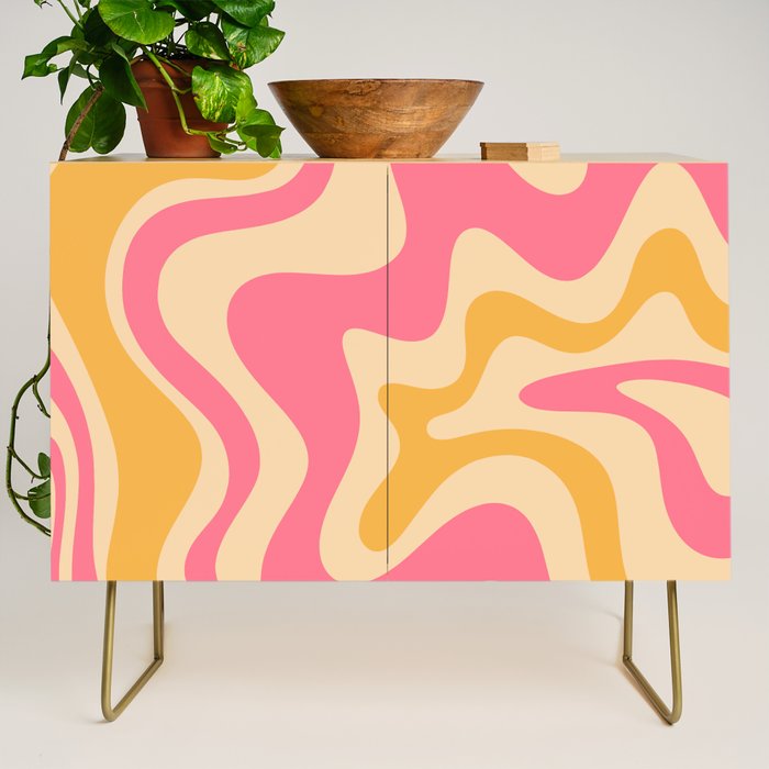 Retro Liquid Swirl Abstract Pattern Pink and Mustard Credenza Gallery Image 1