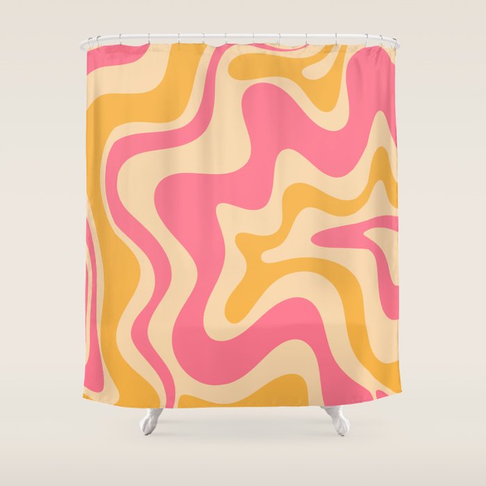 Retro Liquid Swirl Abstract Pattern Pink and Mustard Shower Curtain Gallery Image 1