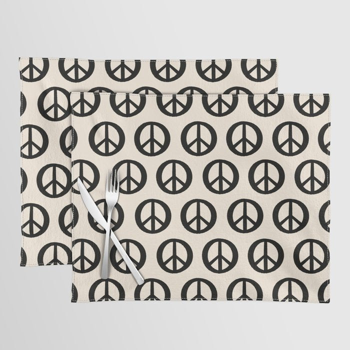 Inky Peace Dots Minimalist Pattern 3 in Black and Almond Cream Placemat Gallery Image 1