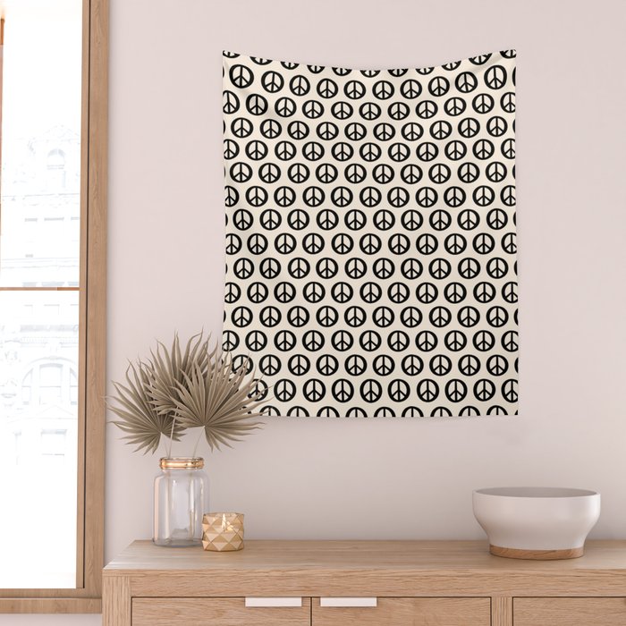 Inky Peace Dots Minimalist Pattern 3 in Black and Almond Cream Wall Tapestry Gallery Image 2