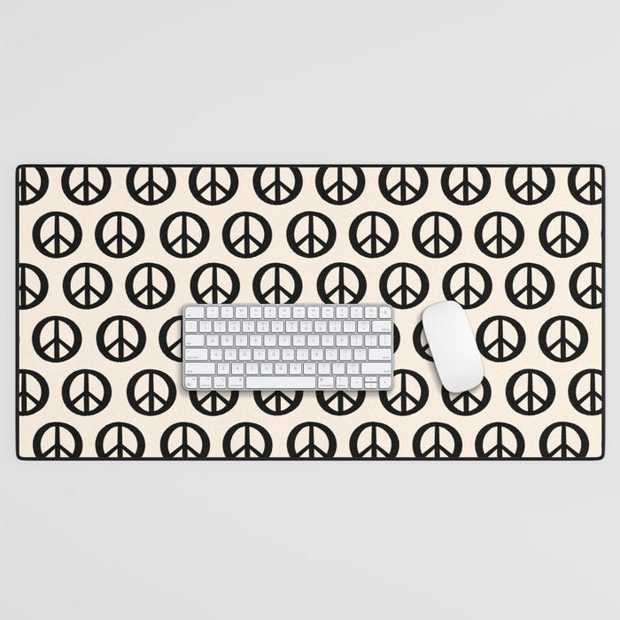 Inky Peace Dots Minimalist Pattern 3 in Black and Almond Cream Desk Mat Gallery Image 1