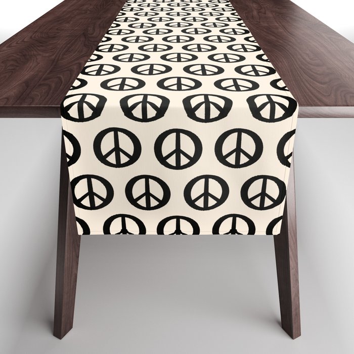 Inky Peace Dots Minimalist Pattern 3 in Black and Almond Cream Table Runner Gallery Image 1