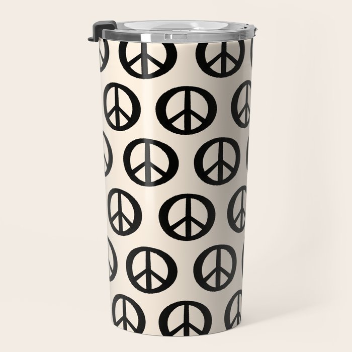 Inky Peace Dots Minimalist Pattern 3 in Black and Almond Cream Travel Mug Gallery Image 3