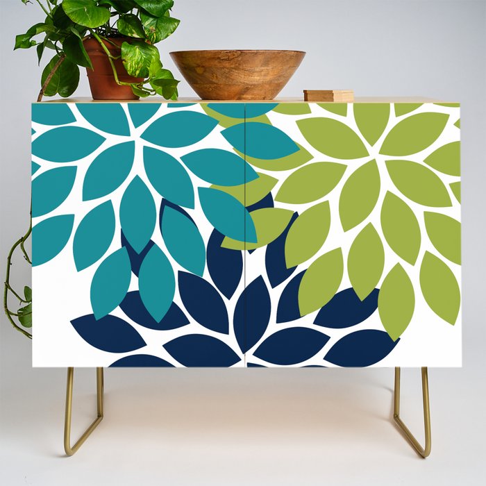 Bold Colorful Teal Green Navy Dahlia Flower Burst Petals Credenza Gallery Image 1