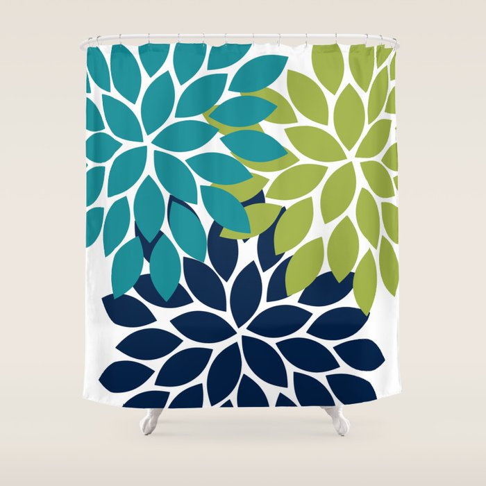 Bold Colorful Teal Green Navy Dahlia Flower Burst Petals Shower Curtain Gallery Image 1