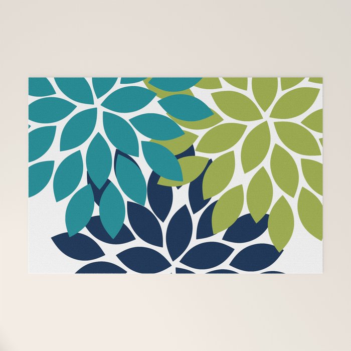 Bold Colorful Teal Green Navy Dahlia Flower Burst Petals Welcome Mat Gallery Image 1