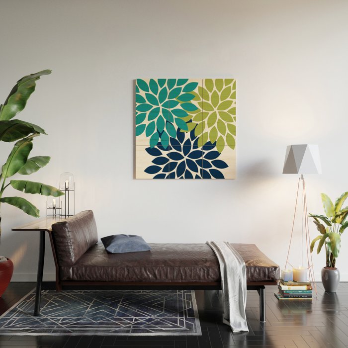 Bold Colorful Teal Green Navy Dahlia Flower Burst Petals Wood Wall Art Gallery Image 2