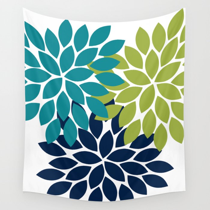 Bold Colorful Teal Green Navy Dahlia Flower Burst Petals Wall Tapestry Gallery Image 4