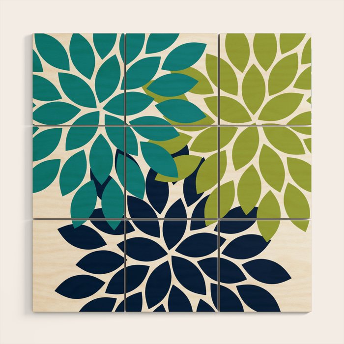 Bold Colorful Teal Green Navy Dahlia Flower Burst Petals Wood Wall Art Gallery Image 1