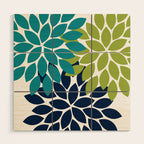 Bold Colorful Teal Green Navy Dahlia Flower Burst Petals Wood Wall Art Gallery Image 1