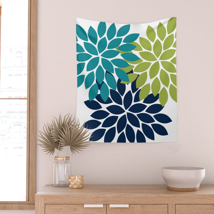 Bold Colorful Teal Green Navy Dahlia Flower Burst Petals Wall Tapestry Gallery Image 2
