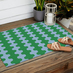 Bold Fun Ogee A-Go-Go Vertical Stripes Pattern in Kelly Green and Light Blue Outdoor Rug Gallery Image 2