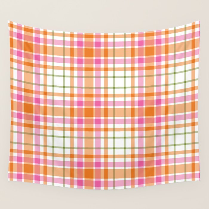 Summer Plaid Pink Orange Green White Wall Tapestry Gallery Image 4