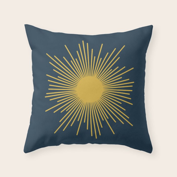 Sunburst - Minimalist Mid Century Modern Sun in Navy Blue and Light Mustard Yellow Throw Pillow Gallery Image 1