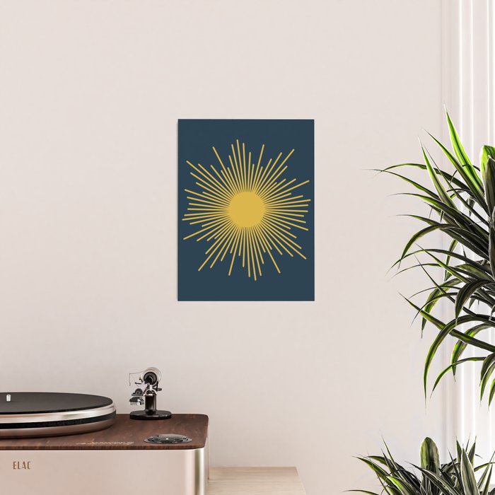Sunburst - Minimalist Mid Century Modern Sun in Navy Blue and Light Mustard Yellow Poster Gallery Image 2
