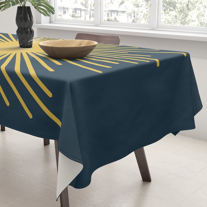 Sunburst - Minimalist Mid Century Modern Sun in Navy Blue and Light Mustard Yellow Tablecloth Gallery Image 3