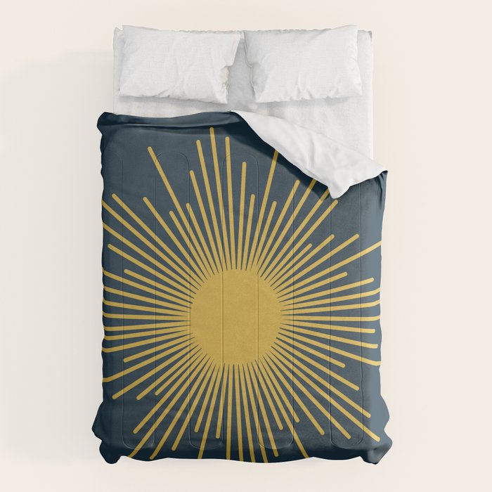 Sunburst - Minimalist Mid Century Modern Sun in Navy Blue and Light Mustard Yellow Comforter Gallery Image 6