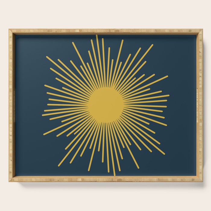 Sunburst - Minimalist Mid Century Modern Sun in Navy Blue and Light Mustard Yellow Serving Tray Gallery Image 1