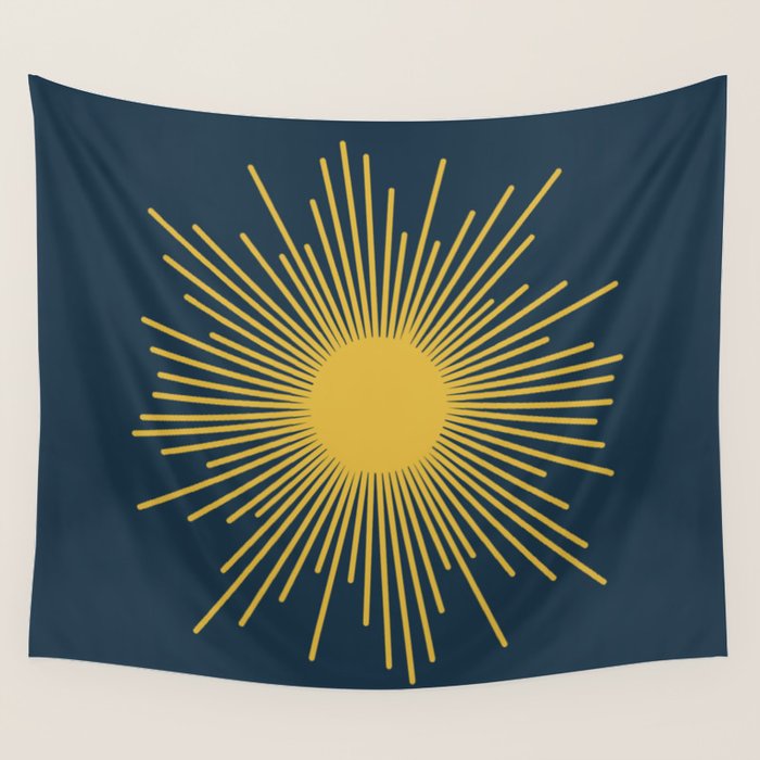 Sunburst - Minimalist Mid Century Modern Sun in Navy Blue and Light Mustard Yellow Wall Tapestry Gallery Image 1