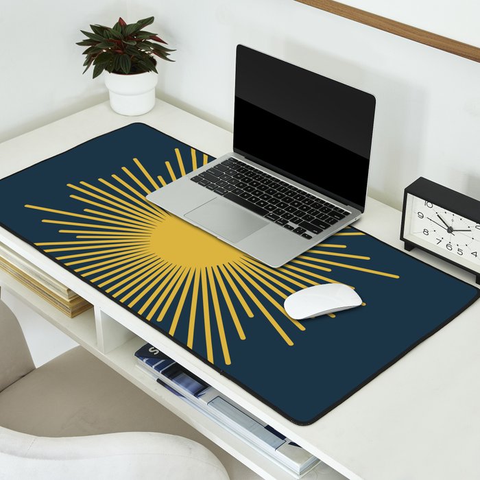 Sunburst - Minimalist Mid Century Modern Sun in Navy Blue and Light Mustard Yellow Desk Mat Gallery Image 2