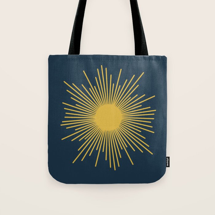 Sunburst - Minimalist Mid Century Modern Sun in Navy Blue and Light Mustard Yellow Tote Bag Gallery Image 1