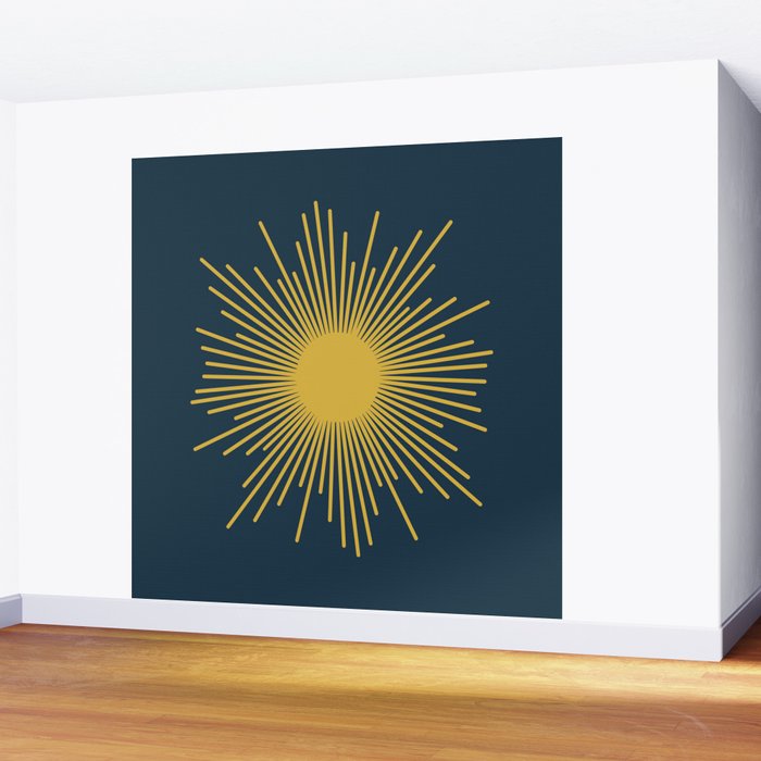 Sunburst - Minimalist Mid Century Modern Sun in Navy Blue and Light Mustard Yellow Wall Mural Gallery Image 2