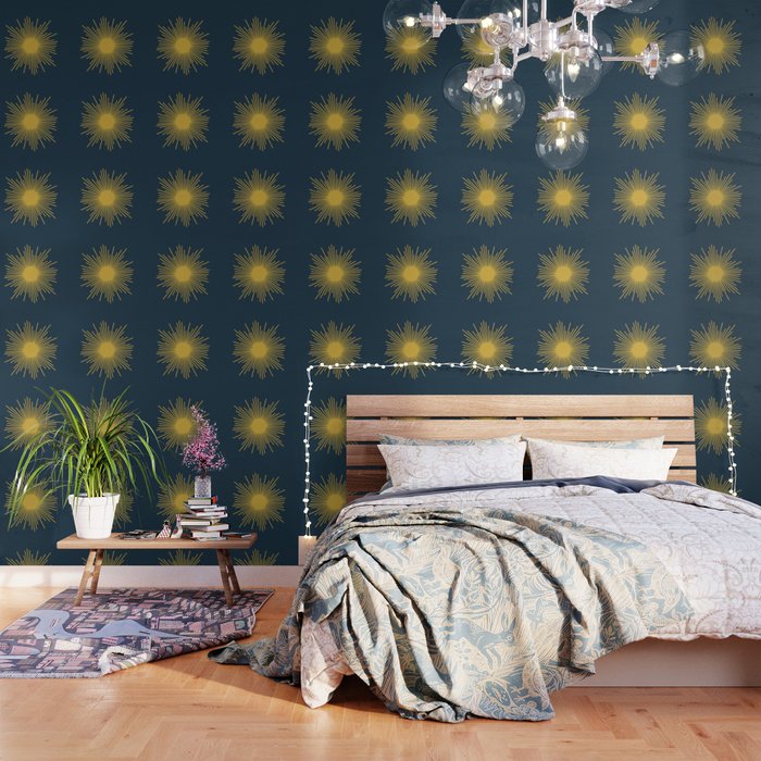 Sunburst - Minimalist Mid Century Modern Sun in Navy Blue and Light Mustard Yellow Wallpaper Gallery Image 1