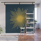 Sunburst - Minimalist Mid Century Modern Sun in Navy Blue and Light Mustard Yellow Wall Mural Gallery Image 1