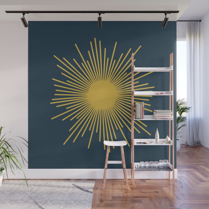 Sunburst - Minimalist Mid Century Modern Sun in Navy Blue and Light Mustard Yellow Wall Mural Gallery Image 1