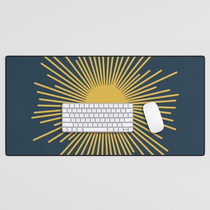 Sunburst - Minimalist Mid Century Modern Sun in Navy Blue and Light Mustard Yellow Desk Mat Gallery Image 1