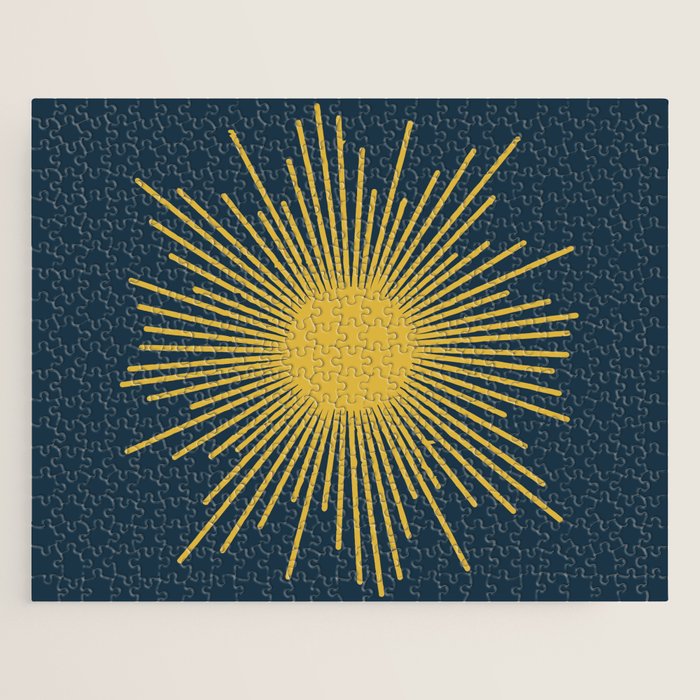 Sunburst - Minimalist Mid Century Modern Sun in Navy Blue and Light Mustard Yellow Jigsaw Puzzle Gallery Image 1