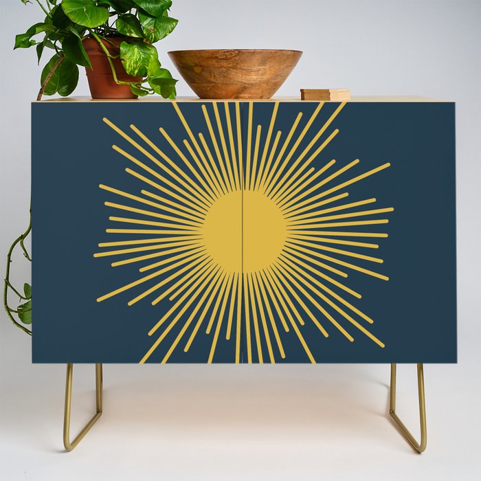 Sunburst - Minimalist Mid Century Modern Sun in Navy Blue and Light Mustard Yellow Credenza Gallery Image 1