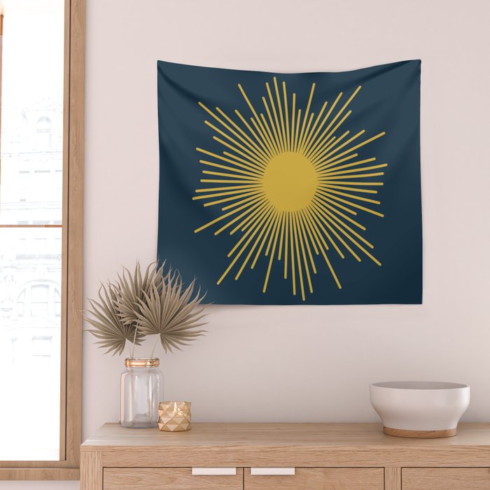 Sunburst - Minimalist Mid Century Modern Sun in Navy Blue and Light Mustard Yellow Wall Tapestry Gallery Image 2