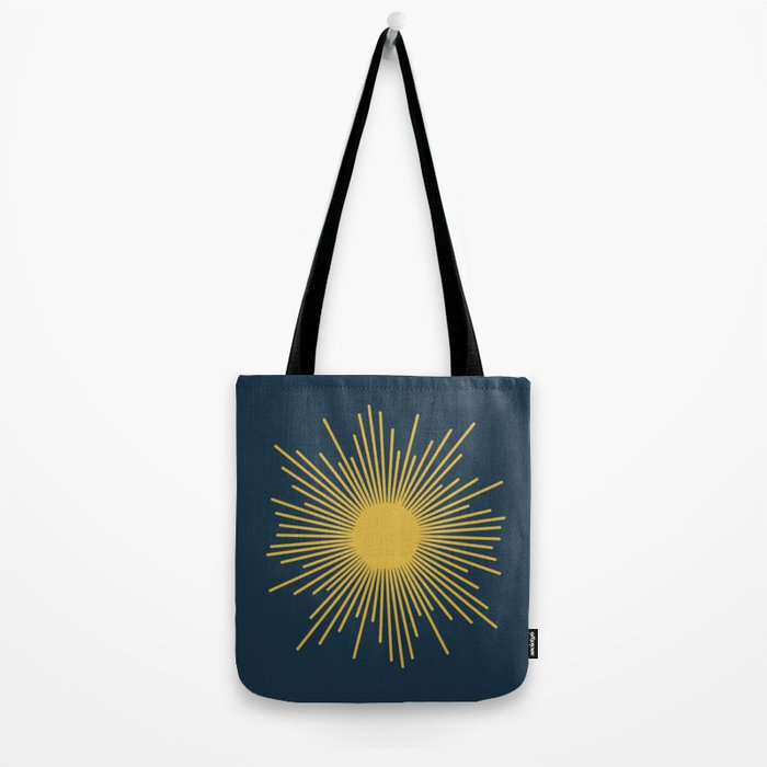Sunburst - Minimalist Mid Century Modern Sun in Navy Blue and Light Mustard Yellow Tote Bag Gallery Image 2