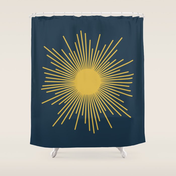 Sunburst - Minimalist Mid Century Modern Sun in Navy Blue and Light Mustard Yellow Shower Curtain Gallery Image 1