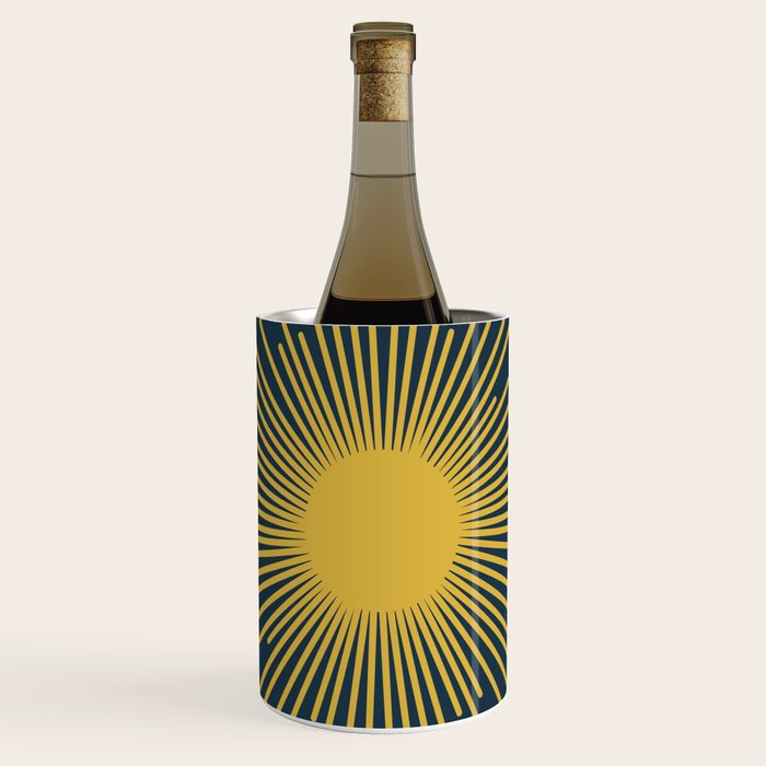 Sunburst - Minimalist Mid Century Modern Sun in Navy Blue and Light Mustard Yellow Wine Chiller Gallery Image 1