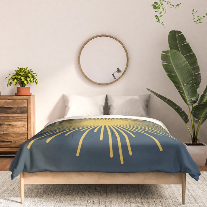 Sunburst - Minimalist Mid Century Modern Sun in Navy Blue and Light Mustard Yellow Comforter Gallery Image 3