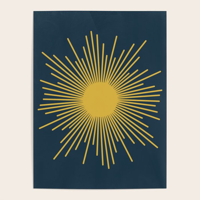 Sunburst - Minimalist Mid Century Modern Sun in Navy Blue and Light Mustard Yellow Poster Gallery Image 4