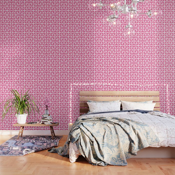 Large Pink and White Greek Key Pattern Wallpaper Gallery Image 1