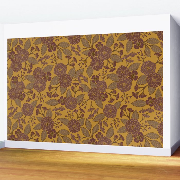 Mustard Yellow, Brown, Raisin, Taupe & Mauve Floral Pattern Wall Mural Gallery Image 2