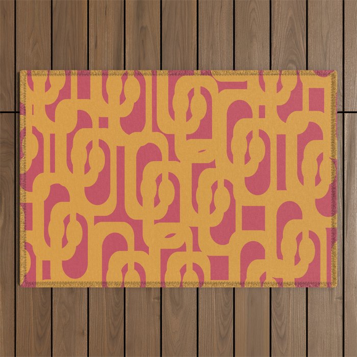 Mid Century Modern Loop Pattern Mustard and Magenta Outdoor Rug Gallery Image 1