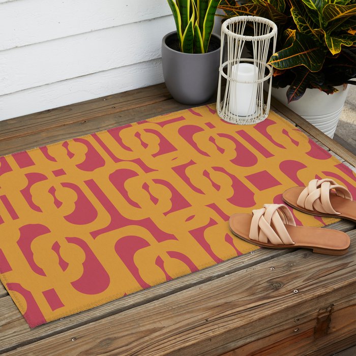 Mid Century Modern Loop Pattern Mustard and Magenta Outdoor Rug Gallery Image 2