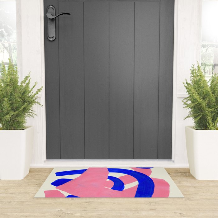 Blue Pink Fun Colorful Mid Century Modern Abstract Painting Shapes Pattern Welcome Mat Gallery Image 3
