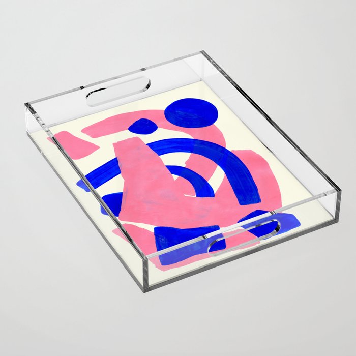 Blue Pink Fun Colorful Mid Century Modern Abstract Painting Shapes Pattern Acrylic Tray Gallery Image 1