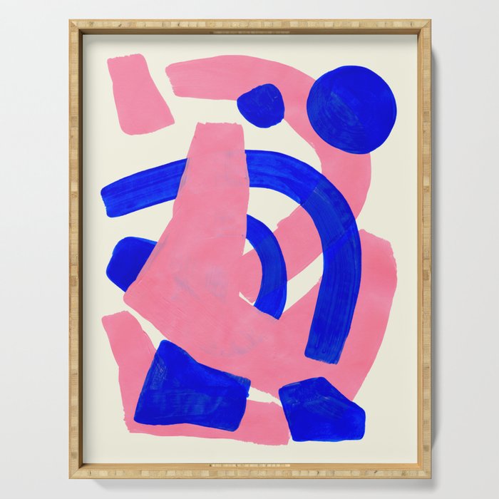 Blue Pink Fun Colorful Mid Century Modern Abstract Painting Shapes Pattern Serving Tray Gallery Image 1